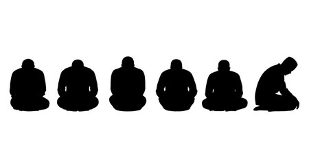 six distinct black solid filled silhouettes of men sitting in Jalsa position between prostrations, back view, no outlines, no gradients, plain white backgroundのイラスト素材