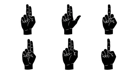 six distinct black solid filled silhouettes of male hands performing the subhanallah finger count, perspective view, no internal details, plain white backgroundのイラスト素材