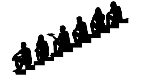 Six black solid filled silhouettes of people sitting on a staircase with a plate of food, informal setting, no textures, plain white backgroundのイラスト素材