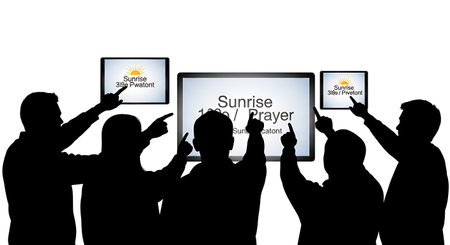 Six distinct black solid silhouettes of people pointing at a television/tablet for the...