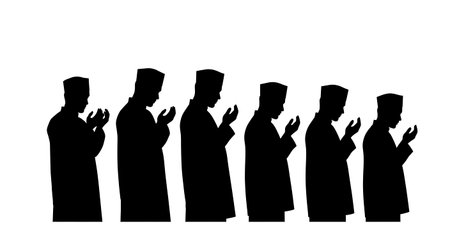 six unique black solid filled silhouettes of a row of men performing Takbir, front-three-quarter...