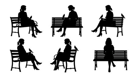 six unique black solid filled silhouettes of women sitting on a bench with a bird, no facial features, plain white backgroundのイラスト素材