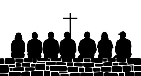 six distinct black solid filled silhouettes of people sitting on a stone wall looking at a cross, no...