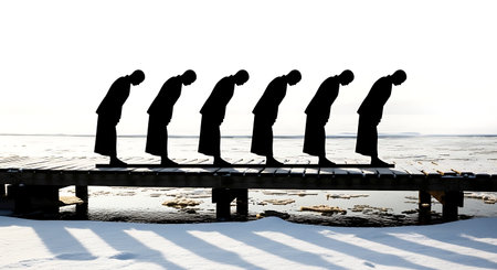 six distinct black solid filled silhouettes of a man in ruku on a pier over a snowy river, no...