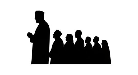 six distinct black solid filled silhouettes of an Imam and congregation in a row, profile...