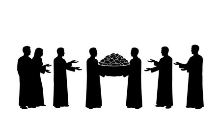Half-dozen black solid filled silhouettes of people holding a large bowl of dates, offering them to...