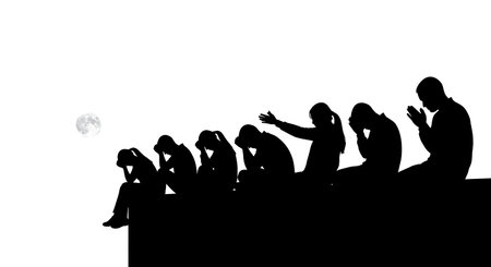six distinct black solid filled silhouettes of people sitting on a high wall looking at the moon in...