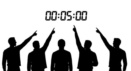Six distinct black solid silhouettes of people pointing at a digital wall clock, only five minutes...