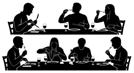 Collection of six black solid filled silhouettes of individuals using a fork and knife at a formal table for suhur, westernized style, no facial details, plain white backgroundのイラスト素材