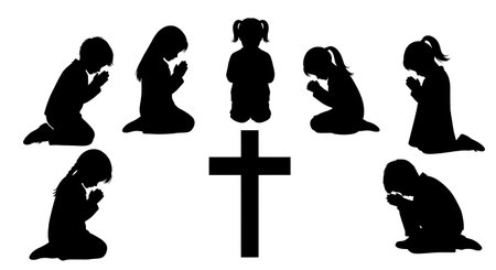 six unique black solid filled silhouettes of children praying at the foot of a cross, no facial details, plain white backgroundのイラスト素材