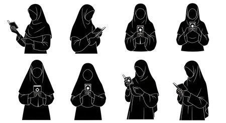 Set of six flat black solid silhouette figures showing women standing and holding a very small pocket-sized Quran, focus on delicate hand positions, no outlines, plain white backgroundのイラスト素材