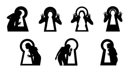 six unique black solid filled silhouettes of women looking through a keyhole doorway, no facial features, plain white backgroundのイラスト素材
