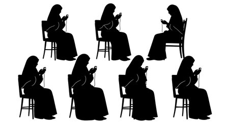 six unique black solid filled silhouettes of women in hijab sitting on chairs using digital tasbeeh counters, no facial features, no gradients, plain white backgroundのイラスト素材