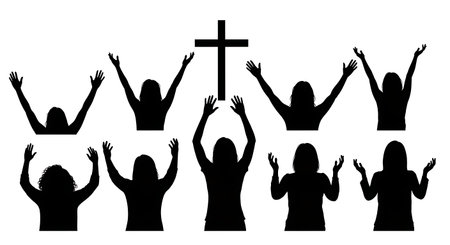 six distinct black solid filled silhouettes of women raising hands towards a cross, no internal details, plain white backgroundのイラスト素材