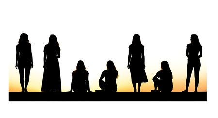 six distinct black solid filled silhouettes of women on a rooftop at sunset, no internal details,...