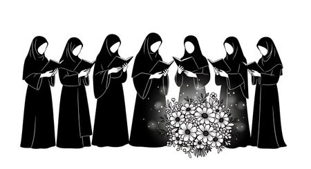 Six black solid filled silhouettes of women standing and reading the Quran while looking at a floral...
