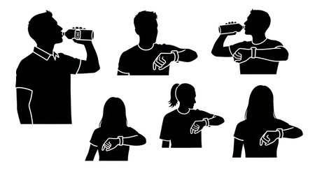 Six unique black solid filled silhouettes of people drinking water and checking a digital...