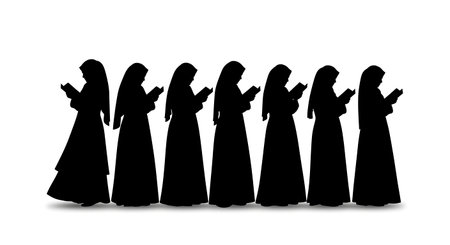 Six black solid filled silhouettes of women standing and swaying slightly (implied) while reciting...