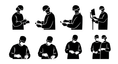 Black Solid Aneurysm Clipping Neurosurgeon Silhouettes Set of Six on White Background isolated on plain white background.のイラスト素材