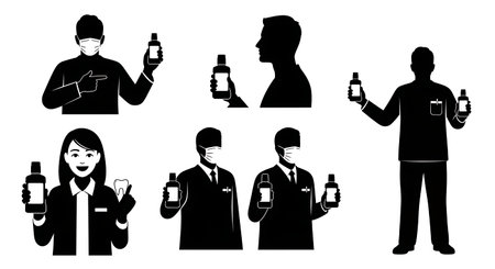 Black Solid Dentist Mouthwash Silhouettes Set of Six isolated on plain white background.のイラスト素材