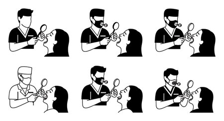 Black Solid Dentist Face Mirror Silhouettes Set of Six isolated on plain white background.のイラスト素材