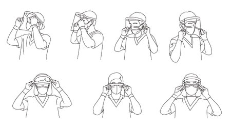 Black Solid Dentist Face Shield Silhouettes Set of Six isolated on plain white background.のイラスト素材