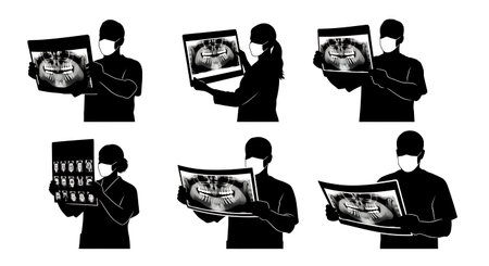 Black Solid Dentist Panoramic Xray Silhouettes Set of Six isolated on plain white background.のイラスト素材