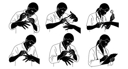 Black Solid Doctor Hand Exam Silhouettes Set of Six isolated on plain white background.のイラスト素材