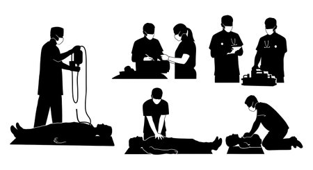 Black Solid Doctor Ambu Bag Silhouettes Set of Six isolated on plain white background.