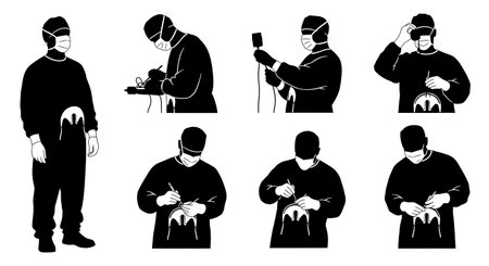 Black Solid Diaphragm Repair Surgeon team Silhouettes Set of Six on White Background isolated on plain white background.のイラスト素材