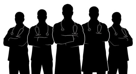 Black Solid Doctor Stethoscope Silhouettes Set of Six isolated on plain white background.