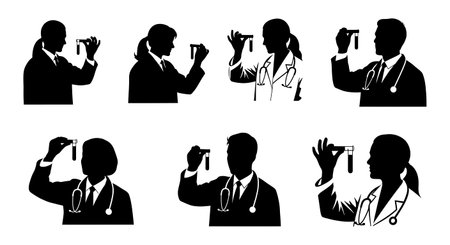 Black Solid Doctor Thinking Gesture Silhouettes Set of Six isolated on plain white background.のイラスト素材