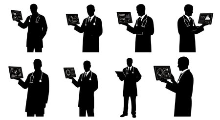 Black Solid Doctor With Tablet Silhouettes Set of Six isolated on plain white background.のイラスト素材