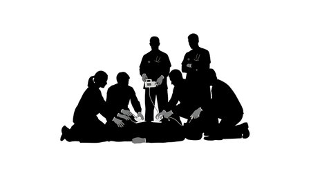 Black Solid Doctor Defibrillator Silhouettes Set of Six isolated on plain white background.