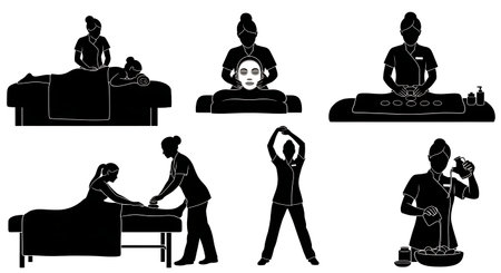 Black Solid Cruise Spa Therapist Silhouettes Set of Six isolated on plain white background.のイラスト素材