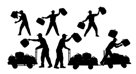 Black Solid Baggage Handler Throwing Silhouettes Set of Six isolated on plain white background.のイラスト素材