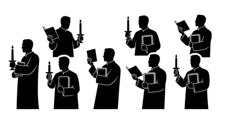 six distinct black solid filled silhouettes of men holding a candle and a holy book simultaneously, no outlines, no gradients, plain white backgroundのイラスト素材