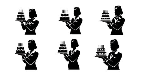 Black Solid Flight Attendant Birthday Silhouettes Set of Six isolated on plain white background.のイラスト素材