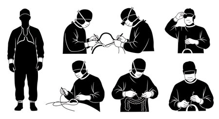Black Solid Esophageal Surgery Surgeon Silhouettes Set of Six on White Background isolated on plain white background.のイラスト素材
