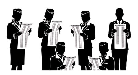 Black Solid Flight Attendant Manifest Silhouettes Set of Six isolated on plain white background.のイラスト素材