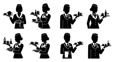 Black Solid Flight Attendant Presenting Meal Silhouettes Set of Six isolated on plain white background.のイラスト素材