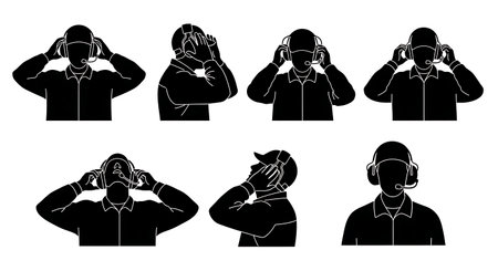 Black Solid Ground Crew Headset Silhouettes Set of Six isolated on plain white background.のイラスト素材
