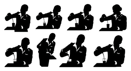 Black Solid Flight Attendant Pouring Water Silhouettes Set of Six isolated on plain white background.のイラスト素材