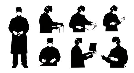 Black Solid General Surgeon Abdominal Operation Silhouettes Set on White Background isolated on plain white background.のイラスト素材