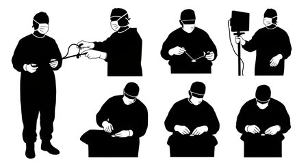Black Solid Gallstone Extraction Surgeon Silhouettes Collection on White Background isolated on plain white background.のイラスト素材