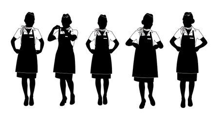 Black Solid Flight Attendant Apron Silhouettes Set of Six isolated on plain white background.のイラスト素材