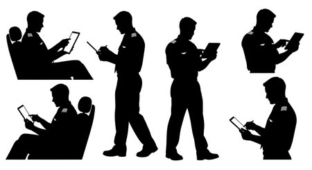 Black Solid Flight Instructor Silhouettes Set of Six isolated on plain white background.のイラスト素材