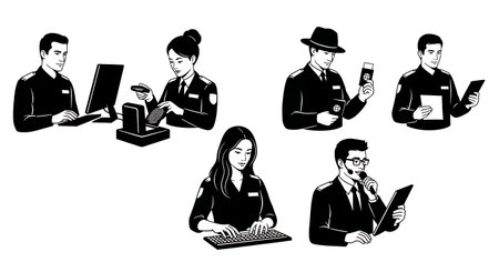 Black Solid Immigration Officer Silhouettes Set of Six isolated on plain white background.のイラスト素材