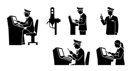 Black Solid Metro Automatic Braking System Silhouettes Set of Six on White Background isolated on plain white background.のイラスト素材