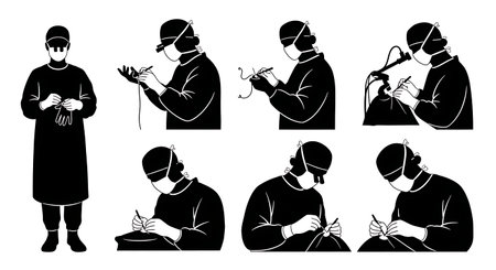 Black Solid Hand Surgeon Microsurgery Team Silhouettes Set of Six on White Background isolated on plain white background.のイラスト素材